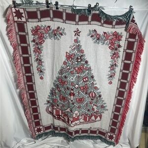 Vintage Crown Crafts Christmas Tree Woven Throw Blanket Holiday Fringe 56x44